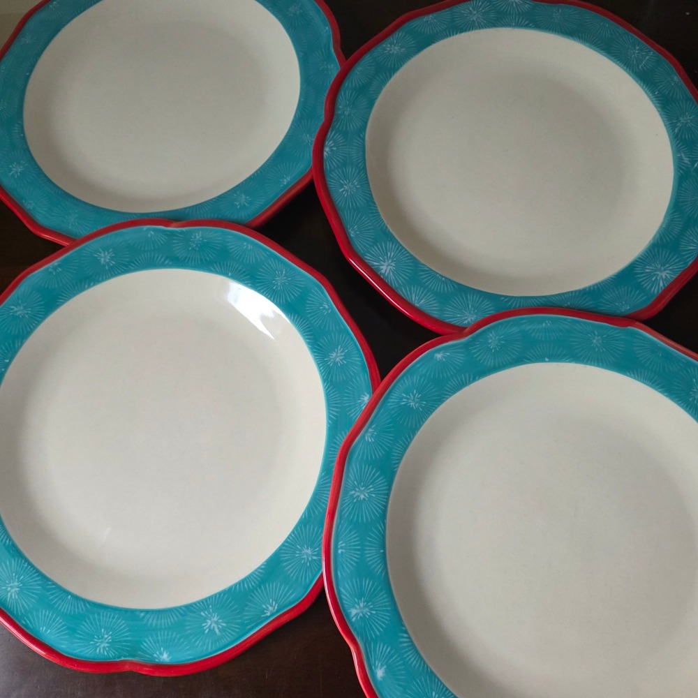 The Pioneer Woman Happiness Teal Red Dinner Plates Set of 4 Scalloped Stoneware